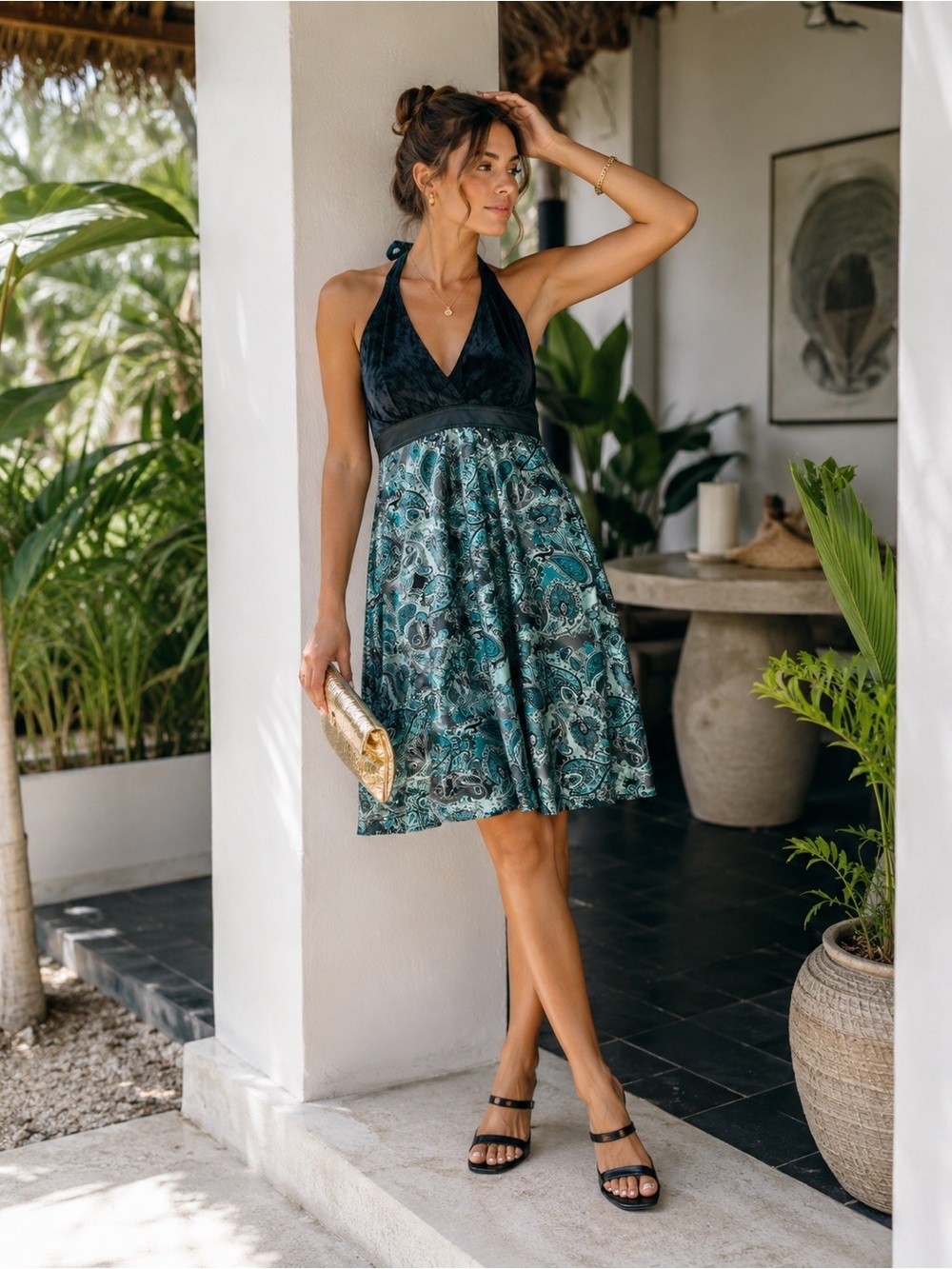 Athleta Halter Sundress Paisley Print Blue Green Fit & Flare Cocktail Dress S